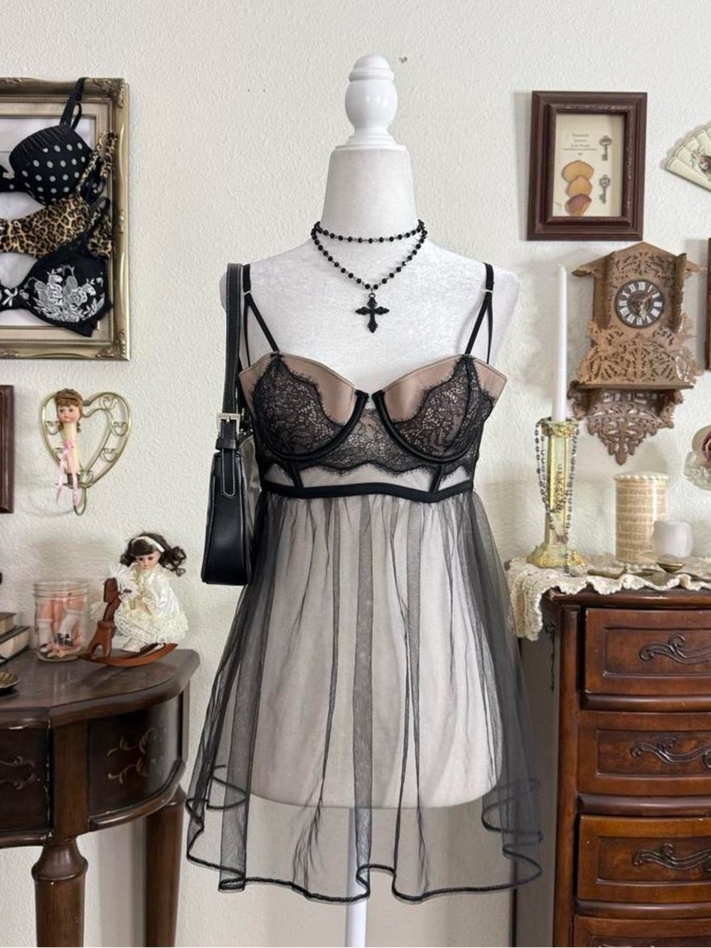 Victoria’s Secret dainty sheer black mesh bustier babydoll slip dress